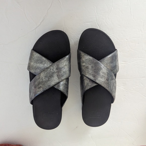 FitFlop Lulu Cross Slide Sandals Metallic Silver Black K59-547 Womens 8 - Picture 2 of 6